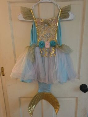 Girls Blue and Gold Mermaid Costume Dress with Tulle Skirt